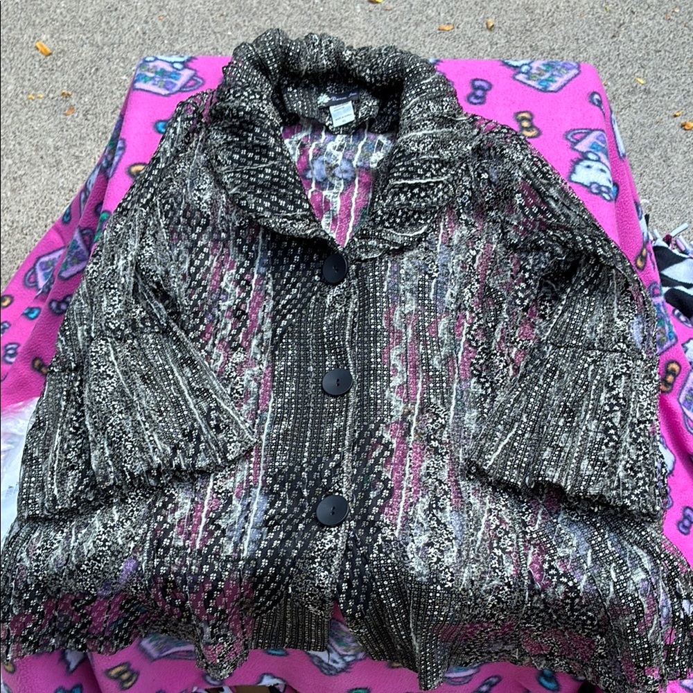 Damee Textured Black and Gray Button-Up Jacket